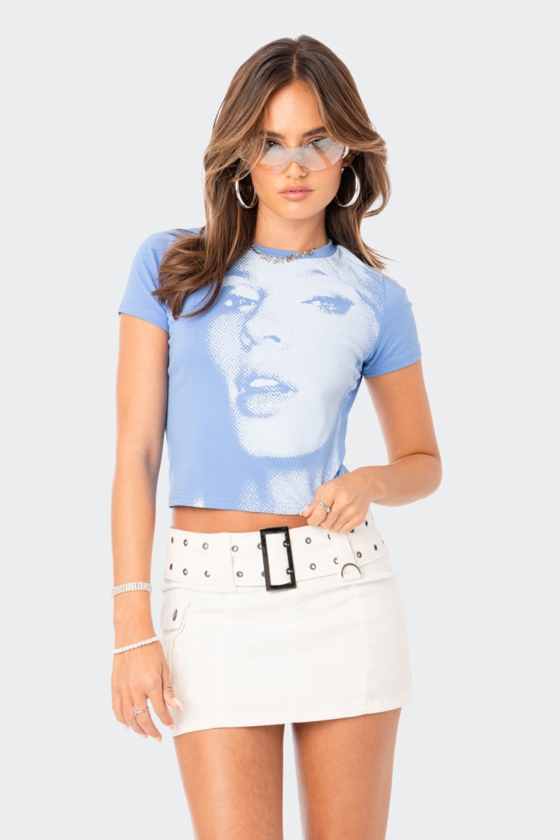 Edikted Pixel Face T-Shirt Graphic Tops Blue | USA QJ472127U2