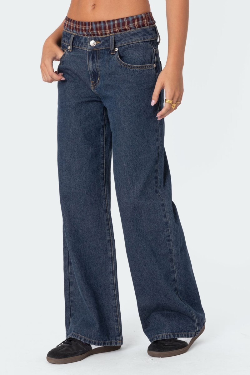 Edikted Plaid Boxer Detail Relaxed Jeans Blue | USA FR662606J9
