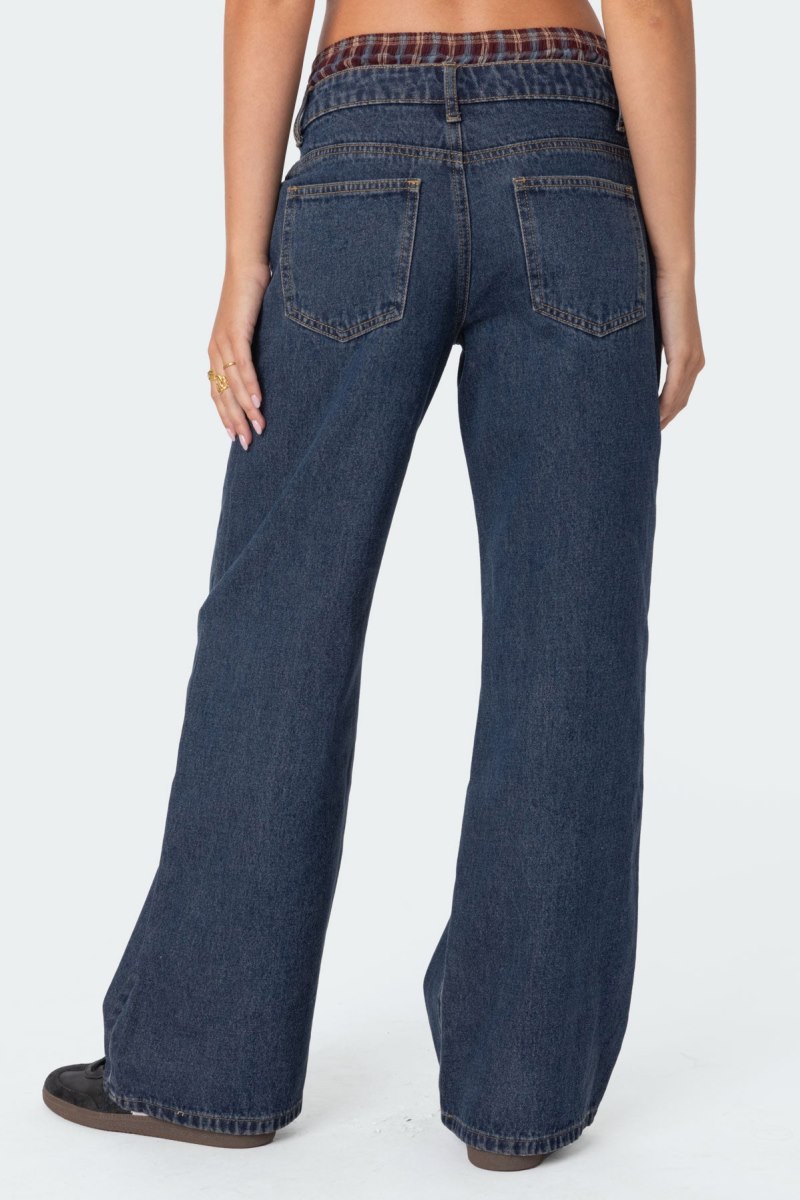 Edikted Plaid Boxer Detail Relaxed Jeans Blue | USA FR662606J9