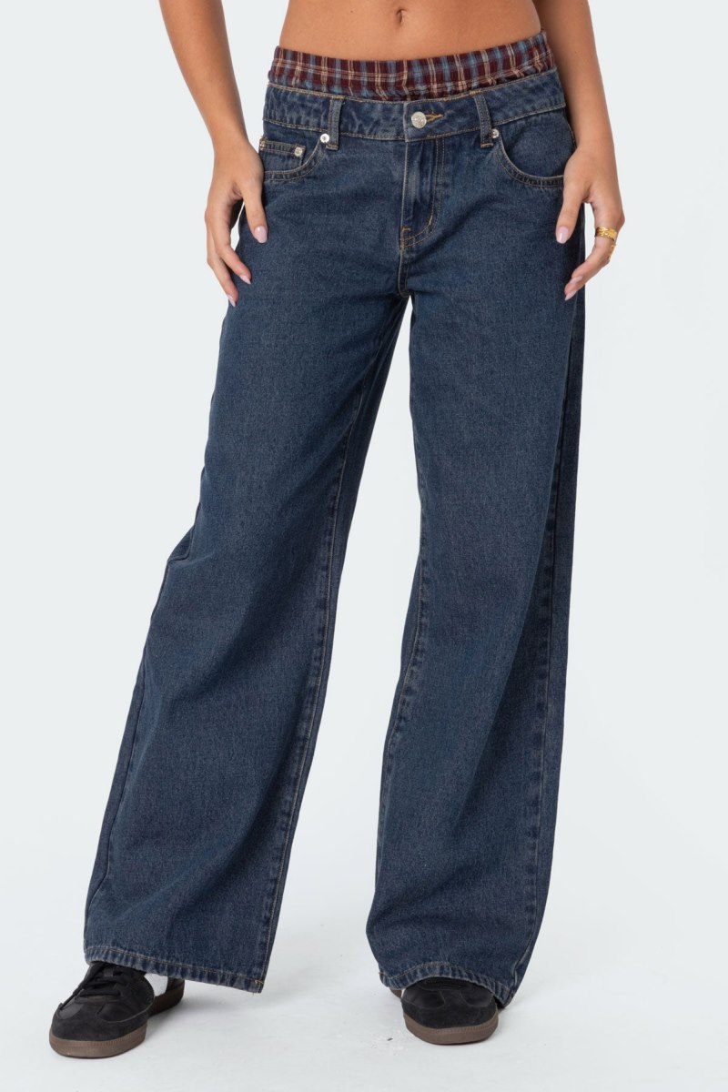 Edikted Plaid Boxer Detail Relaxed Jeans Blue | USA FR662606J9