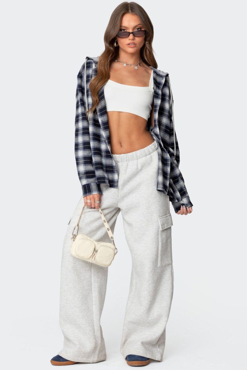 Edikted Plaid Hooded Button Up Shirt Long Sleeve Tops Navy | USA RJ944124Y7