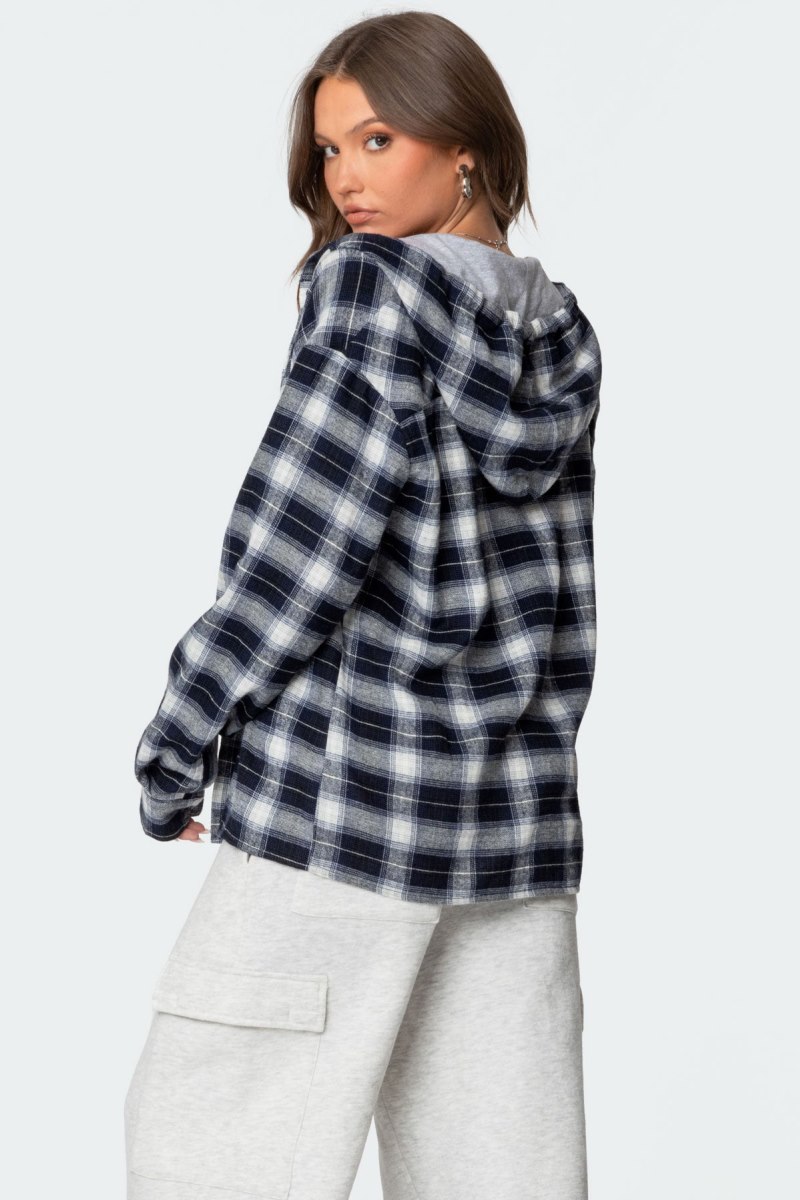 Edikted Plaid Hooded Button Up Shirt Long Sleeve Tops Navy | USA RJ944124Y7