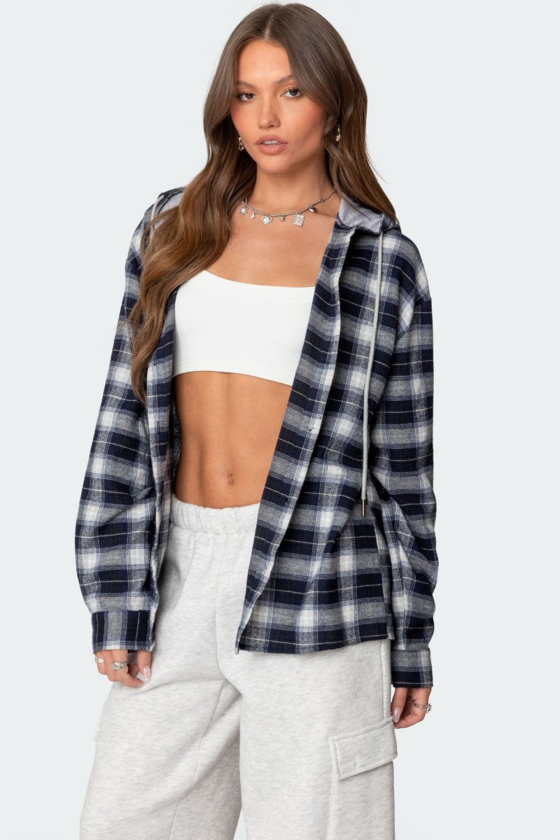 Edikted Plaid Hooded Button Up Shirt Long Sleeve Tops Navy | USA RJ944124Y7