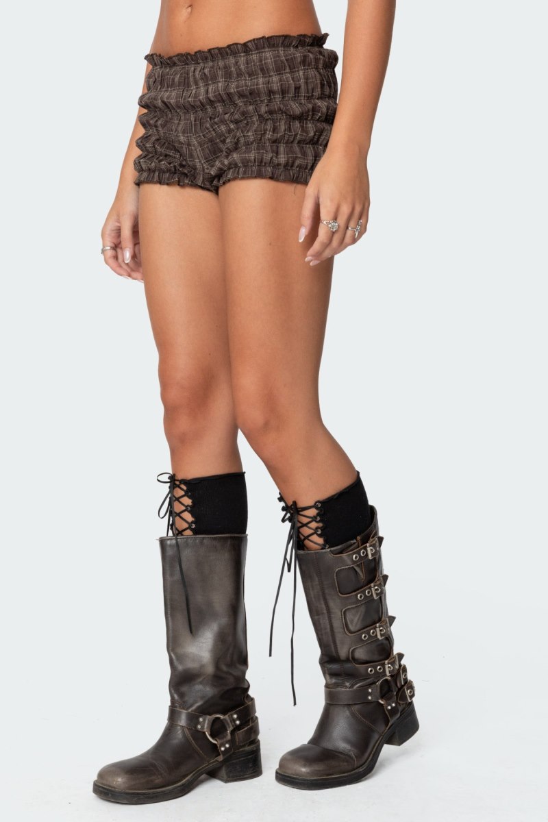 Edikted Plaid Scrunch Shorts Brown | USA LB744784F3