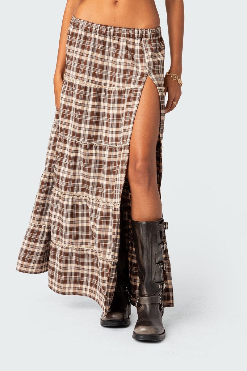Edikted Plaid Side Slit Tiered Maxi Skirts Black And White | USA JK979267L5