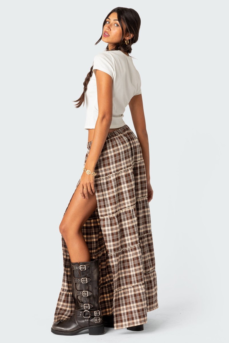 Edikted Plaid Side Slit Tiered Maxi Skirts Black And White | USA JK979267L5