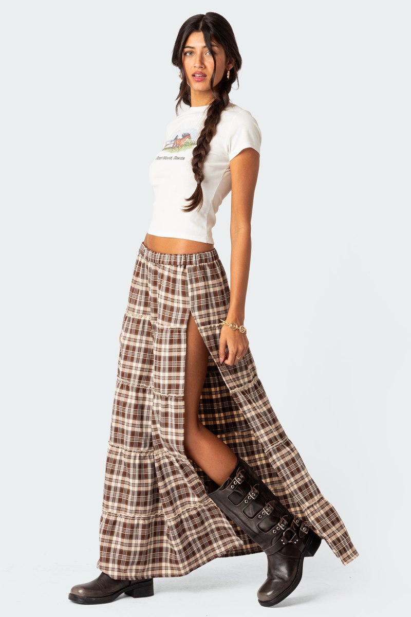 Edikted Plaid Side Slit Tiered Maxi Skirts Black And White | USA JK979267L5