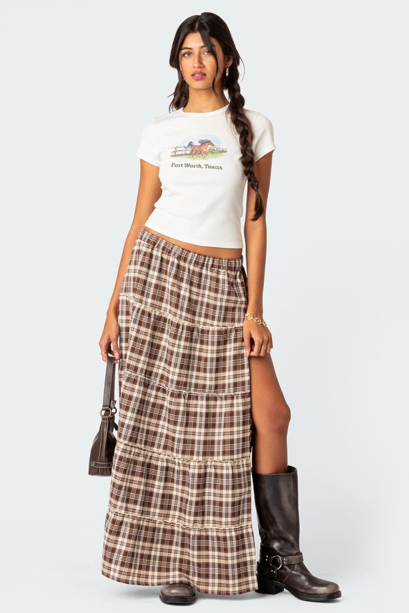 Edikted Plaid Side Slit Tiered Maxi Skirts Black And White | USA JK979267L5