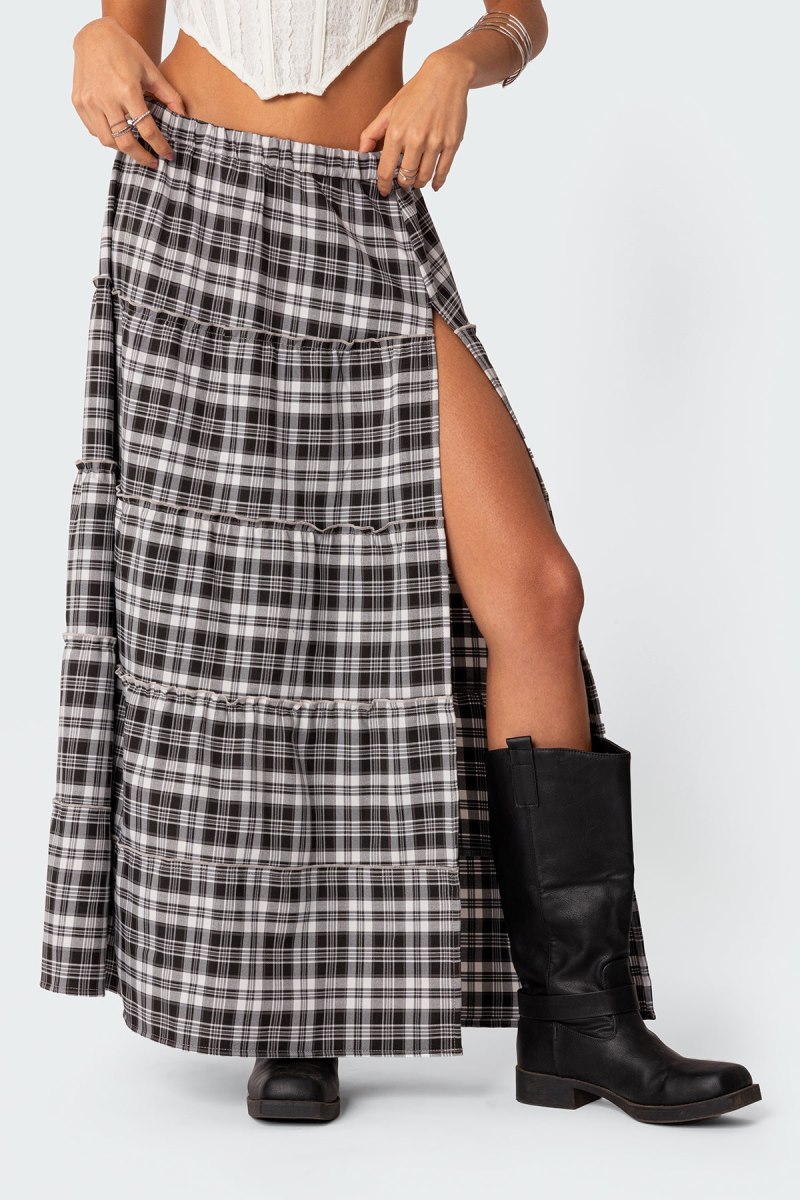 Edikted Plaid Side Slit Tiered Maxi Skirts Black And White | USA UP605510V9