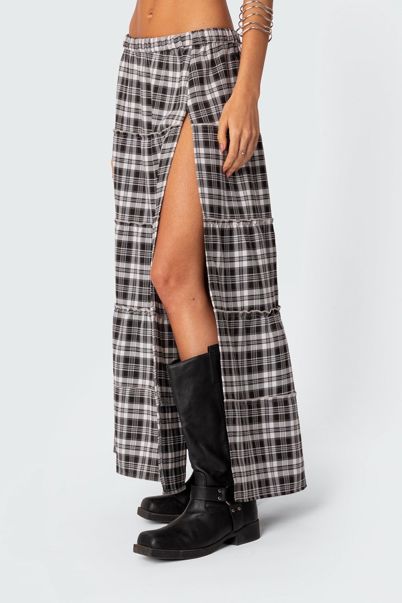 Edikted Plaid Side Slit Tiered Maxi Skirts Black And White | USA UP605510V9