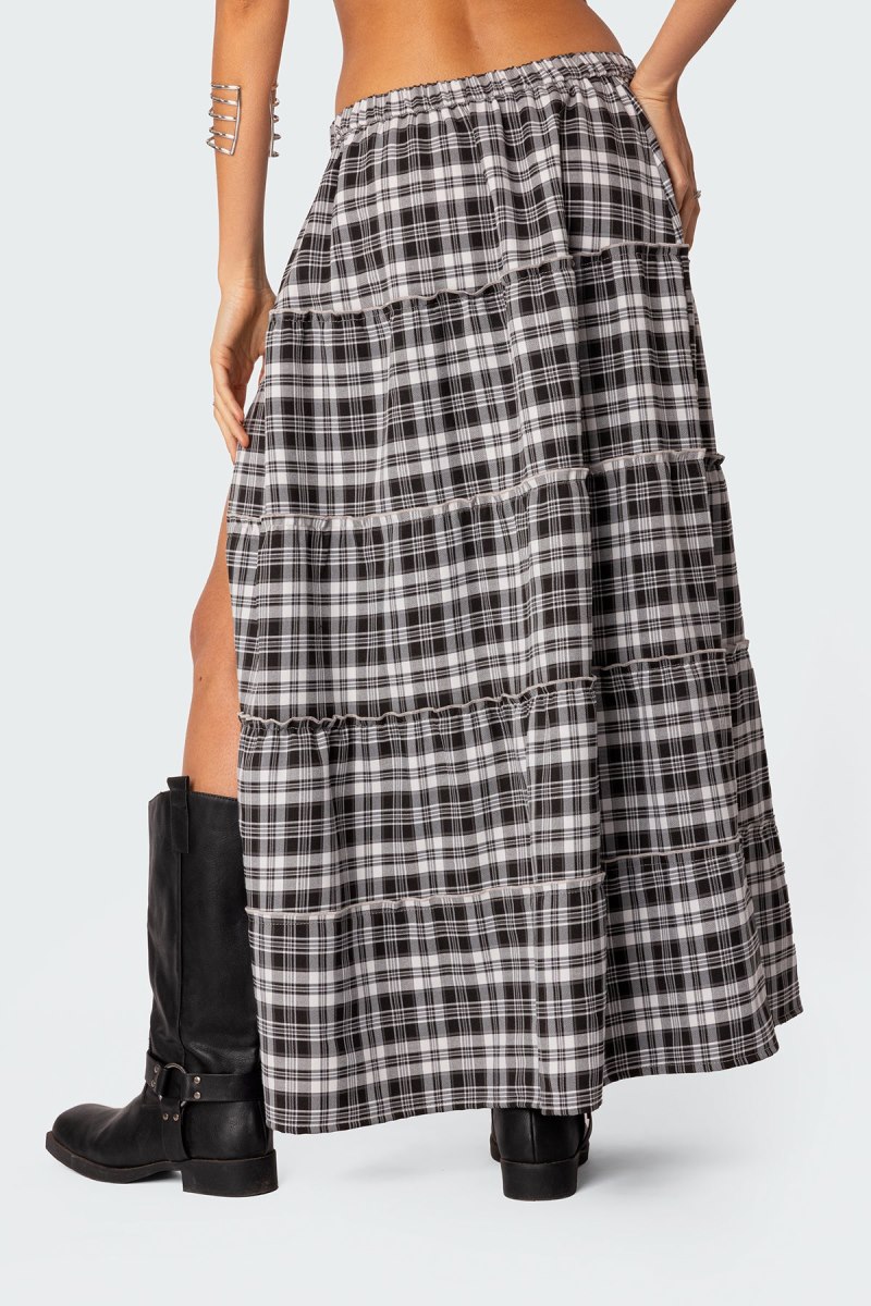 Edikted Plaid Side Slit Tiered Maxi Skirts Black And White | USA UP605510V9