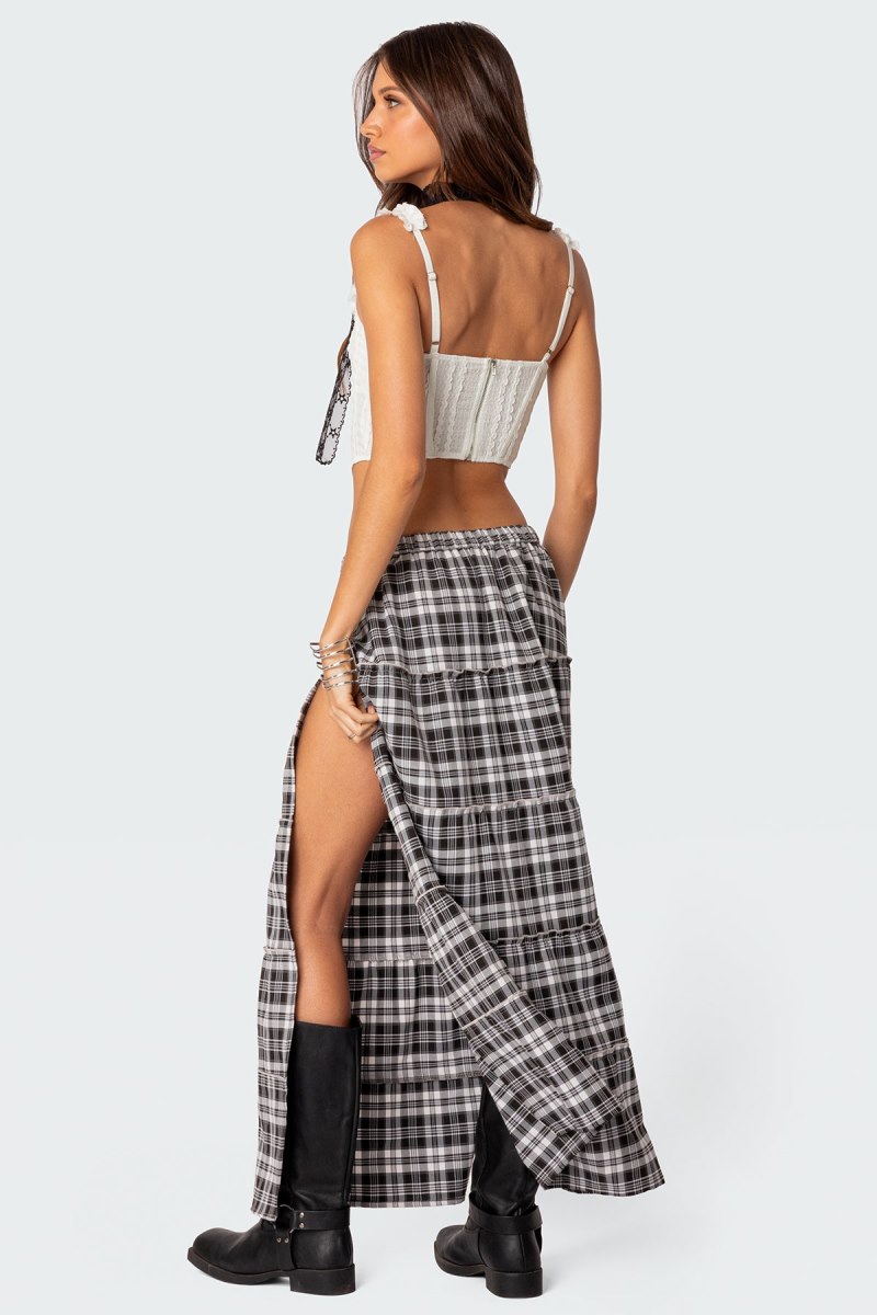 Edikted Plaid Side Slit Tiered Maxi Skirts Black And White | USA UP605510V9