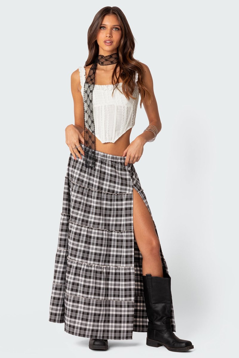 Edikted Plaid Side Slit Tiered Maxi Skirts Black And White | USA UP605510V9