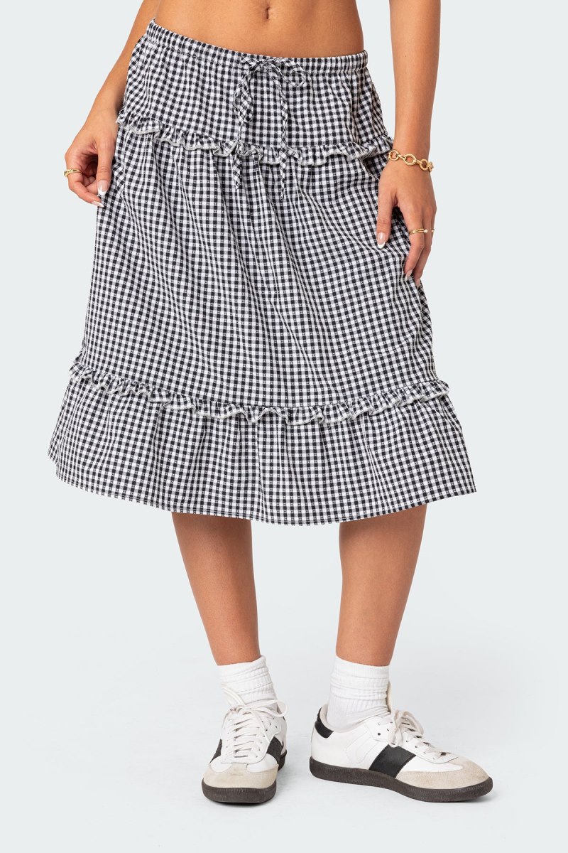 Edikted Plaid Tiered Midi Skirts Black And White | USA SS782508F3