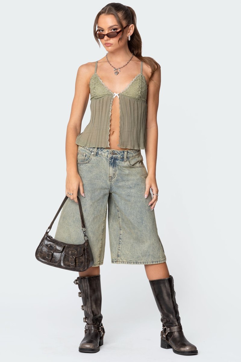 Edikted Pleated Lacey Split Front Tank Top Olive | USA EQ123432M9
