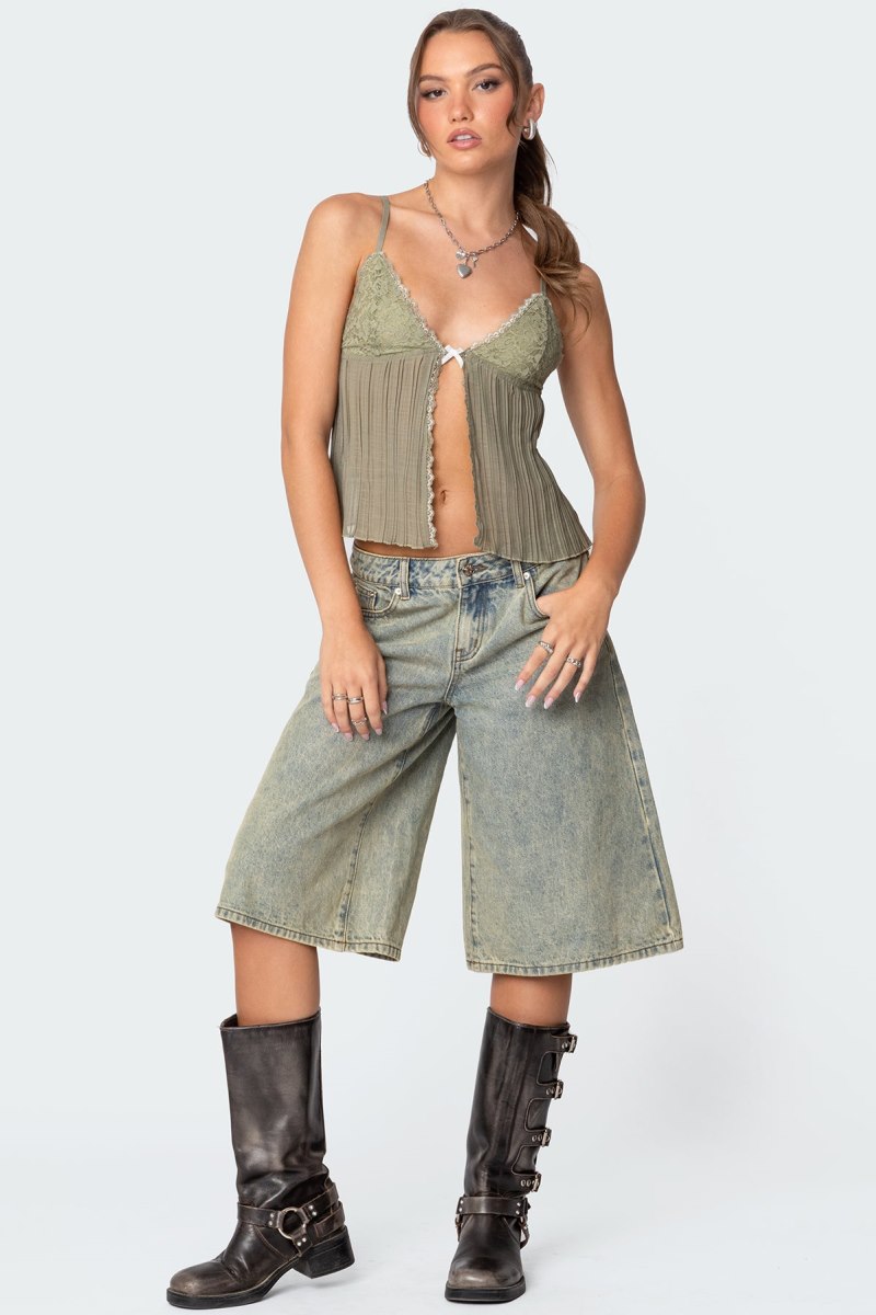 Edikted Pleated Lacey Split Front Tank Top Olive | USA EQ123432M9