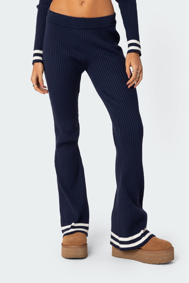 Edikted Pluto Ribbed Flared Pants Navy | USA MV675207C6
