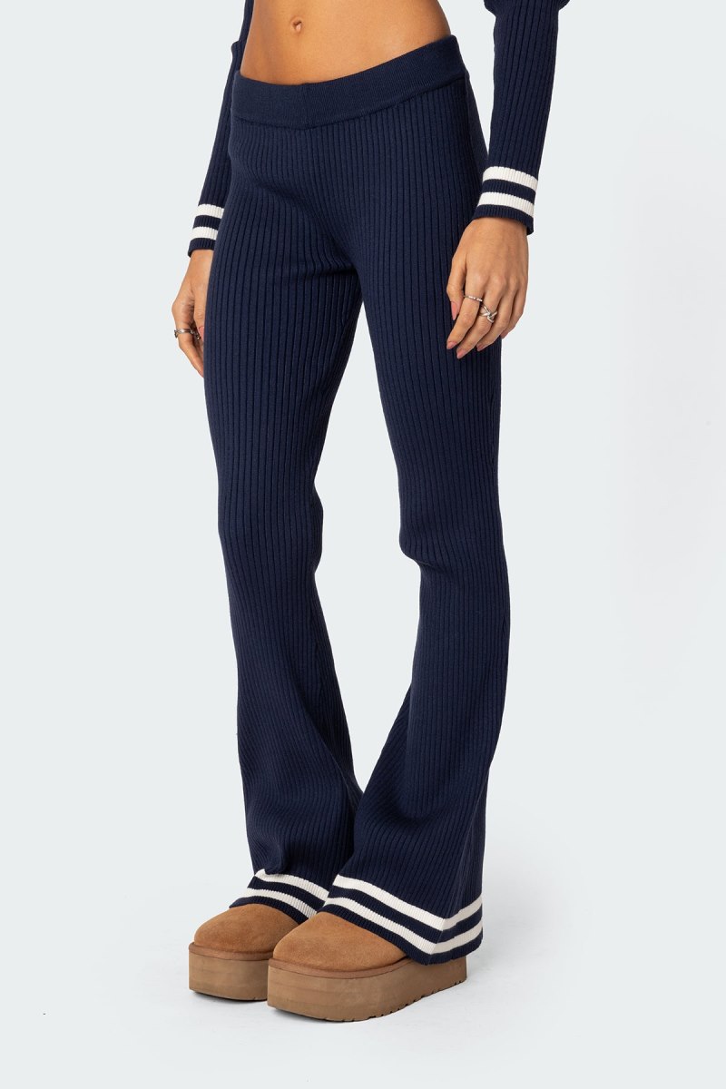 Edikted Pluto Ribbed Flared Pants Navy | USA MV675207C6