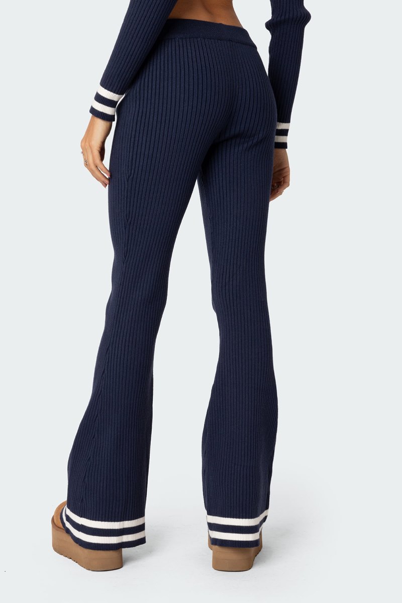 Edikted Pluto Ribbed Flared Pants Navy | USA MV675207C6