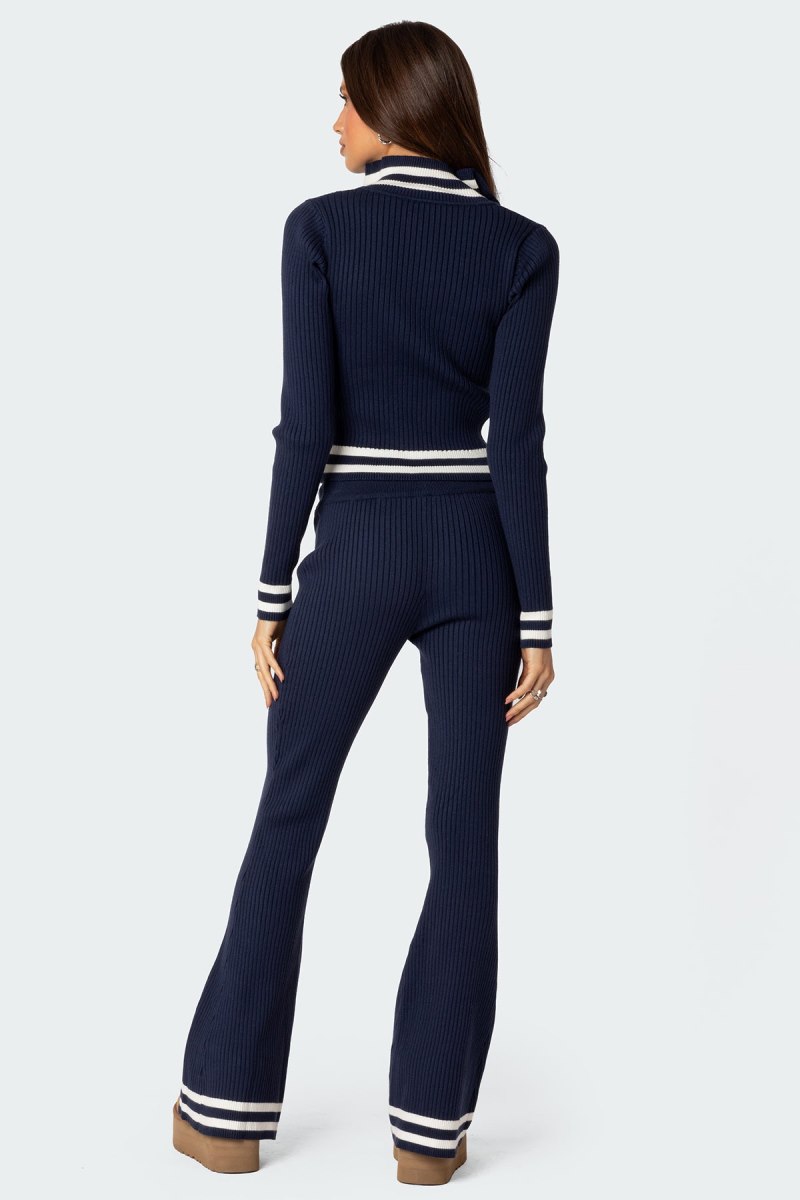 Edikted Pluto Ribbed Flared Pants Navy | USA MV675207C6