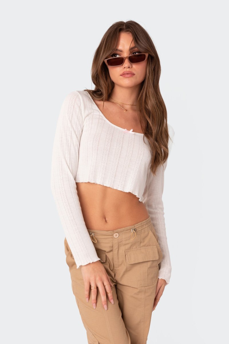 Edikted Pointelle Crop Long Sleeve Tops White | USA FX523612S7