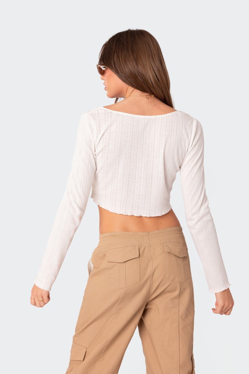 Edikted Pointelle Crop Long Sleeve Tops White | USA FX523612S7