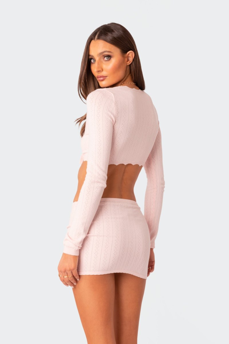 Edikted Pointelle Tie Front Knit Crop Tops Light Pink | USA DE772937Z1