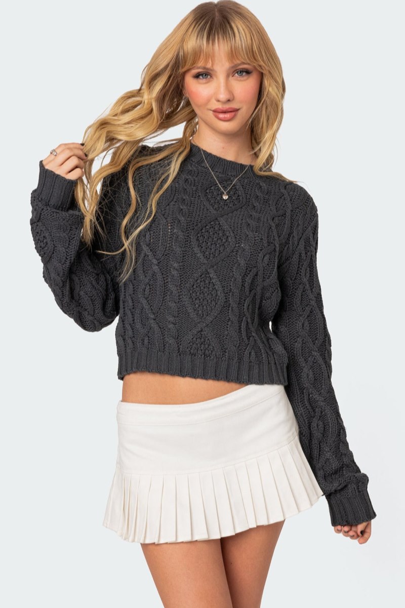 Edikted Poppy Cable Knit Sweater Long Sleeve Tops Dark Gray | USA GO101710M2