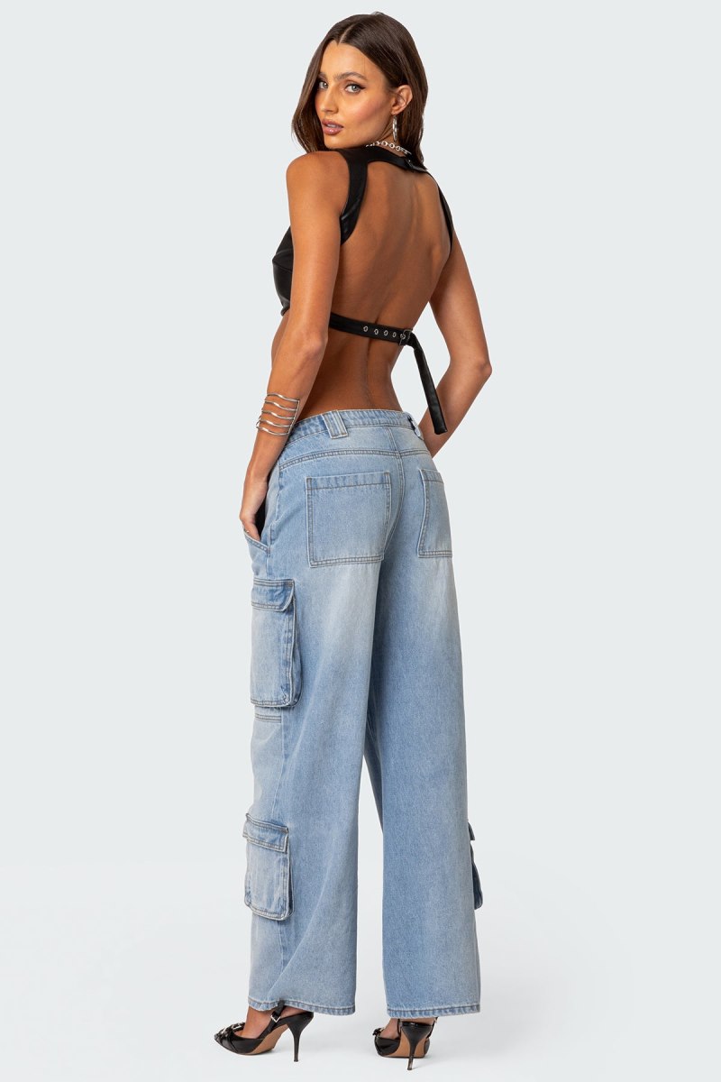 Edikted Porsha Open Back Faux Leather Crop Tops Black | USA NI232443C9