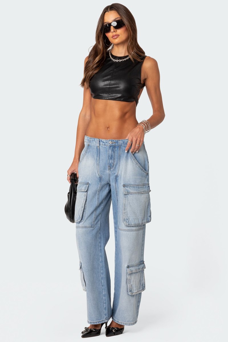 Edikted Porsha Open Back Faux Leather Crop Tops Black | USA NI232443C9