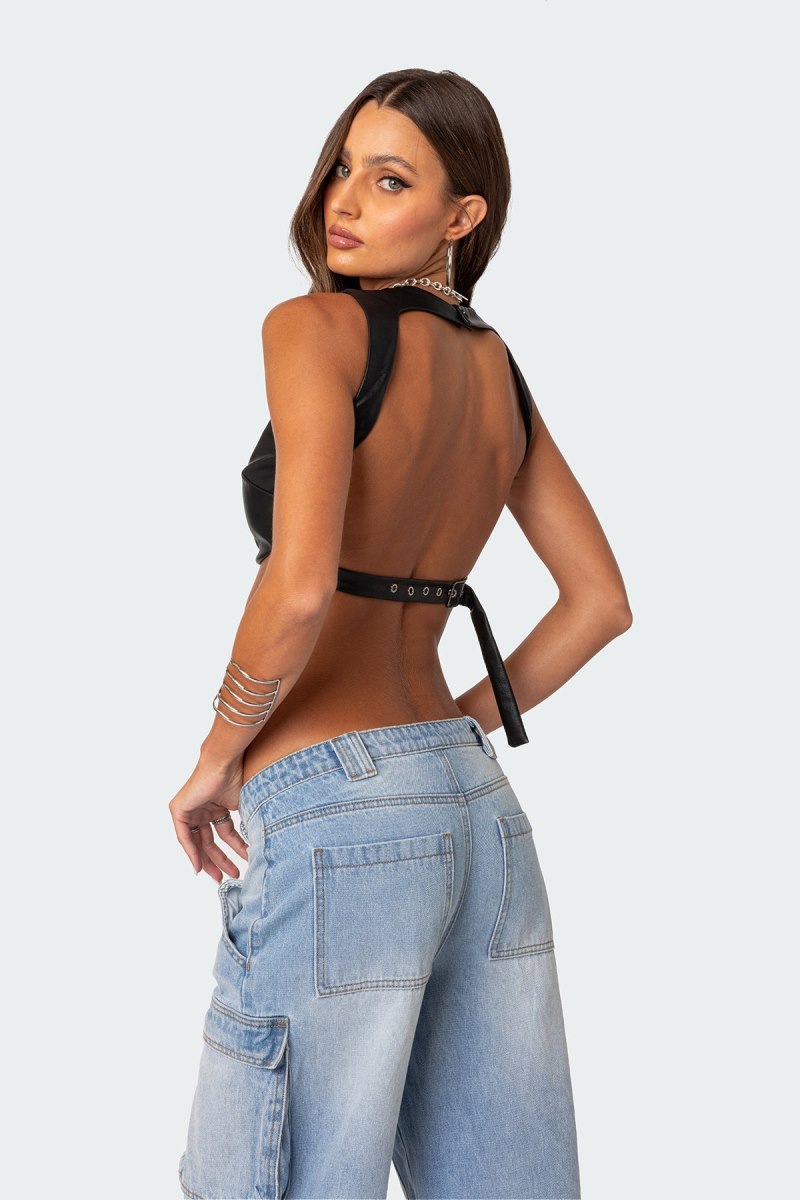 Edikted Porsha Open Back Faux Leather Crop Tops Black | USA NI232443C9