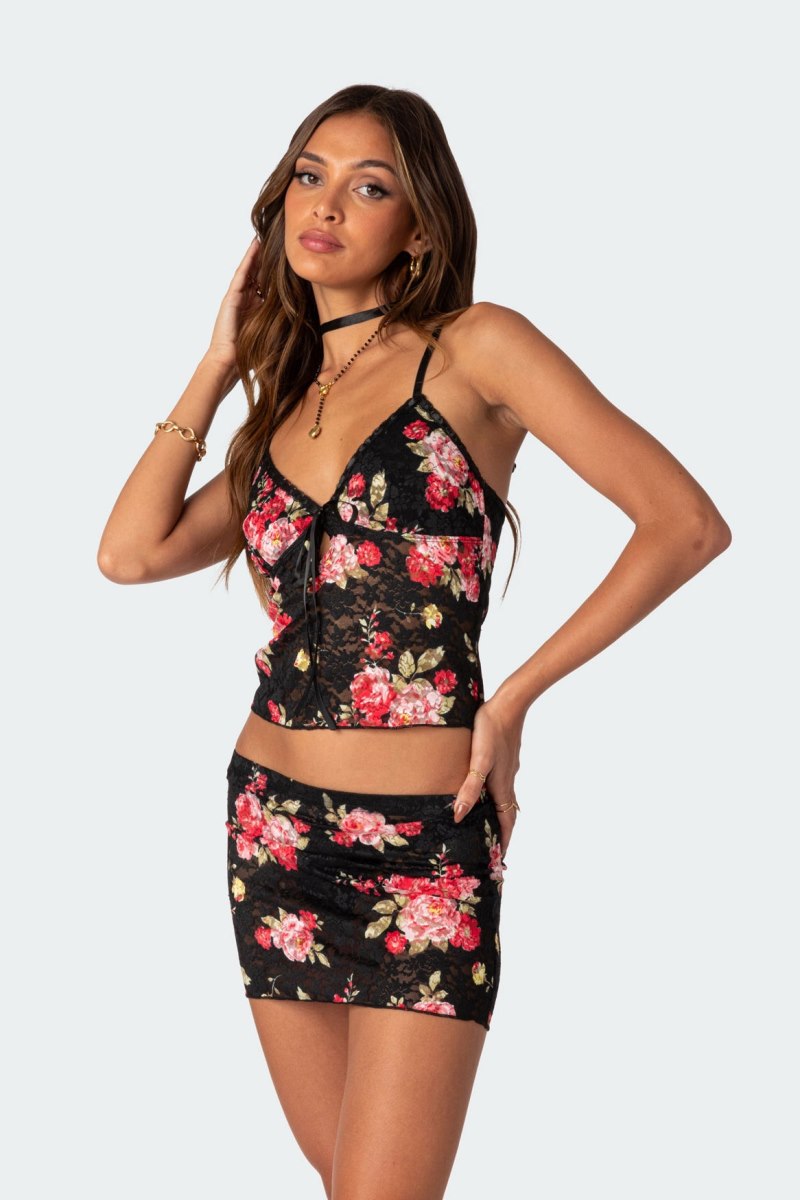 Edikted Portofino Printed Sheer Lace Tank Top Black | USA NK970887A6