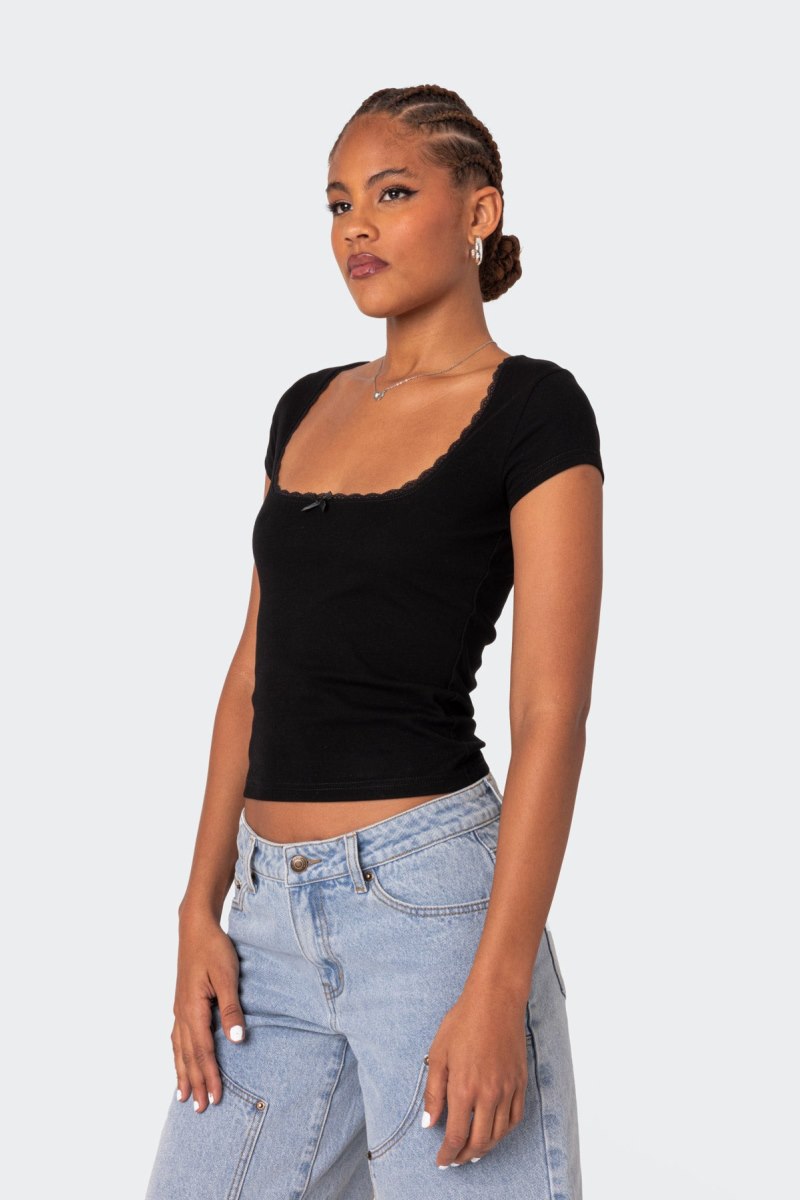 Edikted Priscilla Lace Trim T Shirts Black | USA AX934413G2