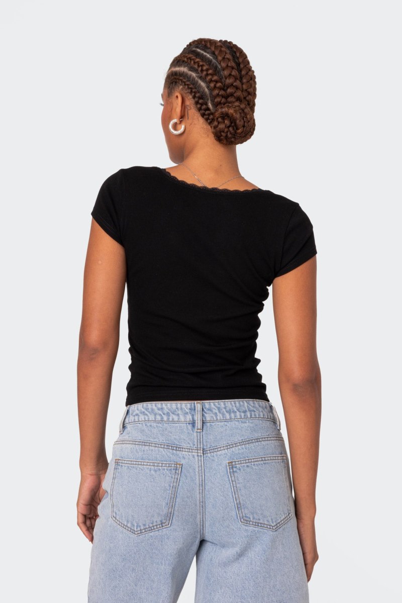 Edikted Priscilla Lace Trim T Shirts Black | USA AX934413G2