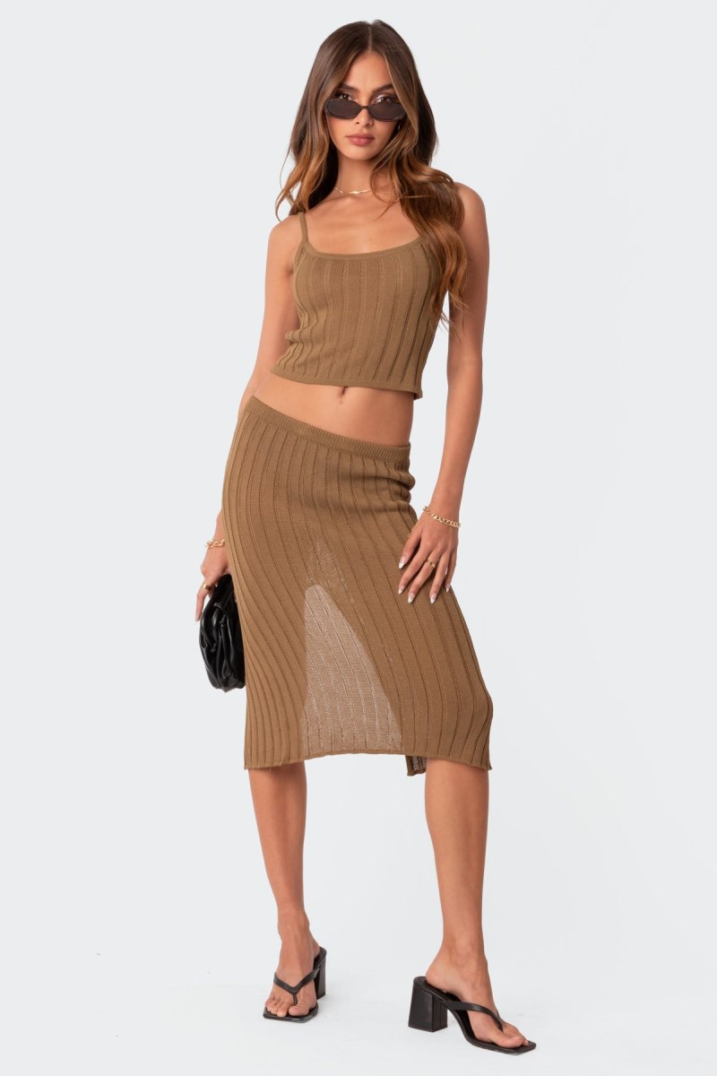 Edikted Quynh Slitted Knit Midi Skirts Olive | USA WO144764C2