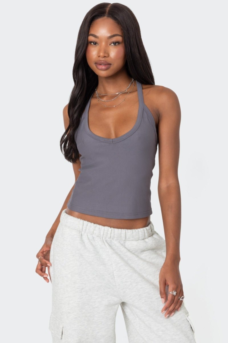 Edikted Racer Back Halter Tank Top Gray | USA ZS301850U1