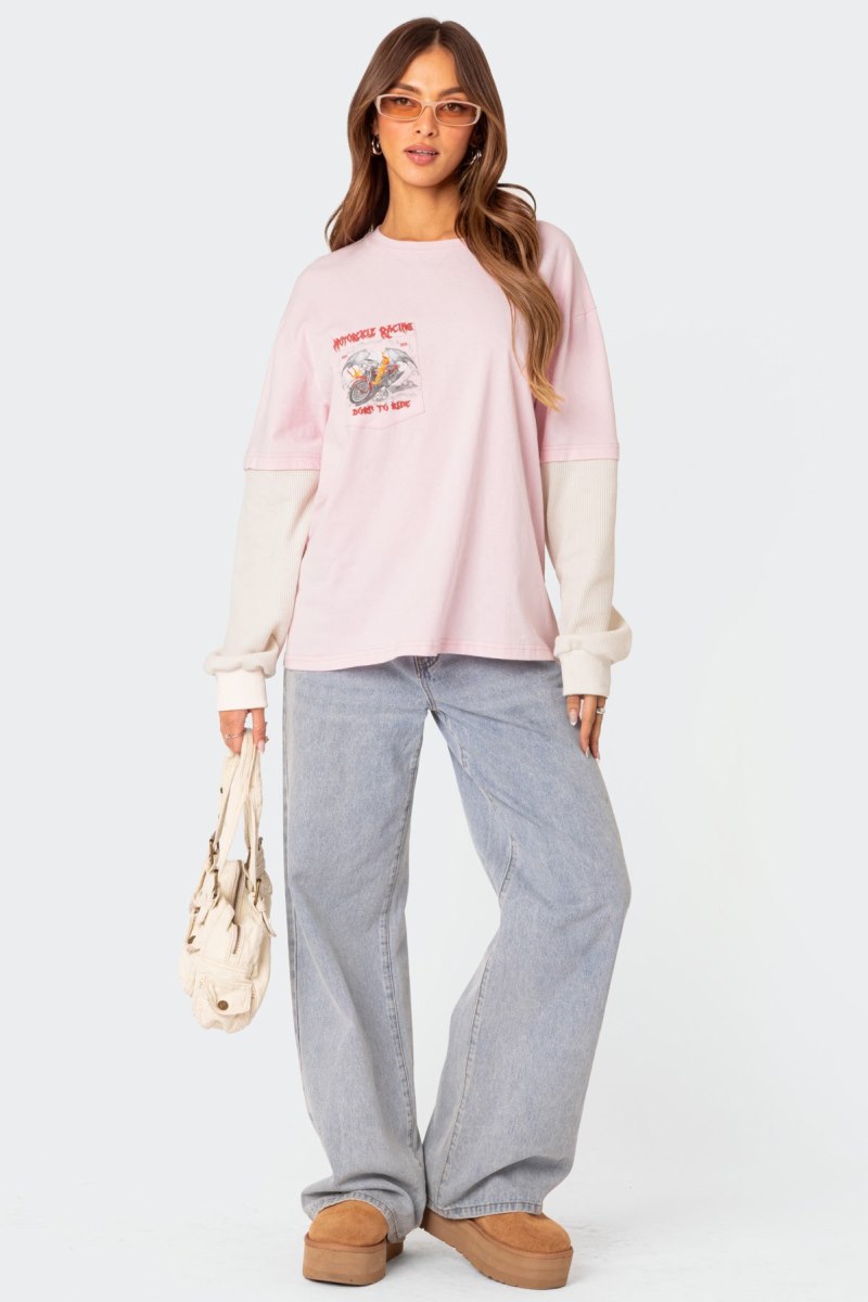 Edikted Racing Oversized Layered T Shirt Graphic Tops Light Pink | USA RJ808490G3
