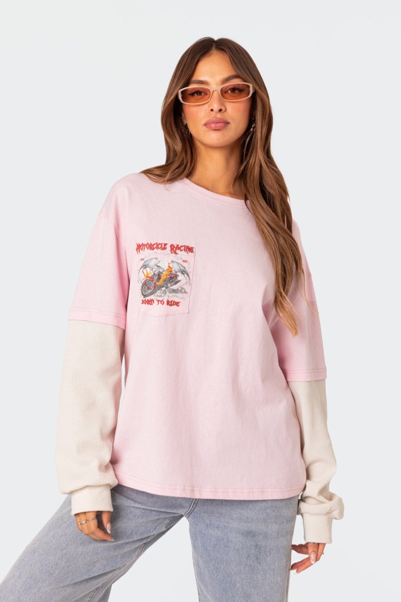 Edikted Racing Oversized Layered T Shirt Graphic Tops Light Pink | USA RJ808490G3
