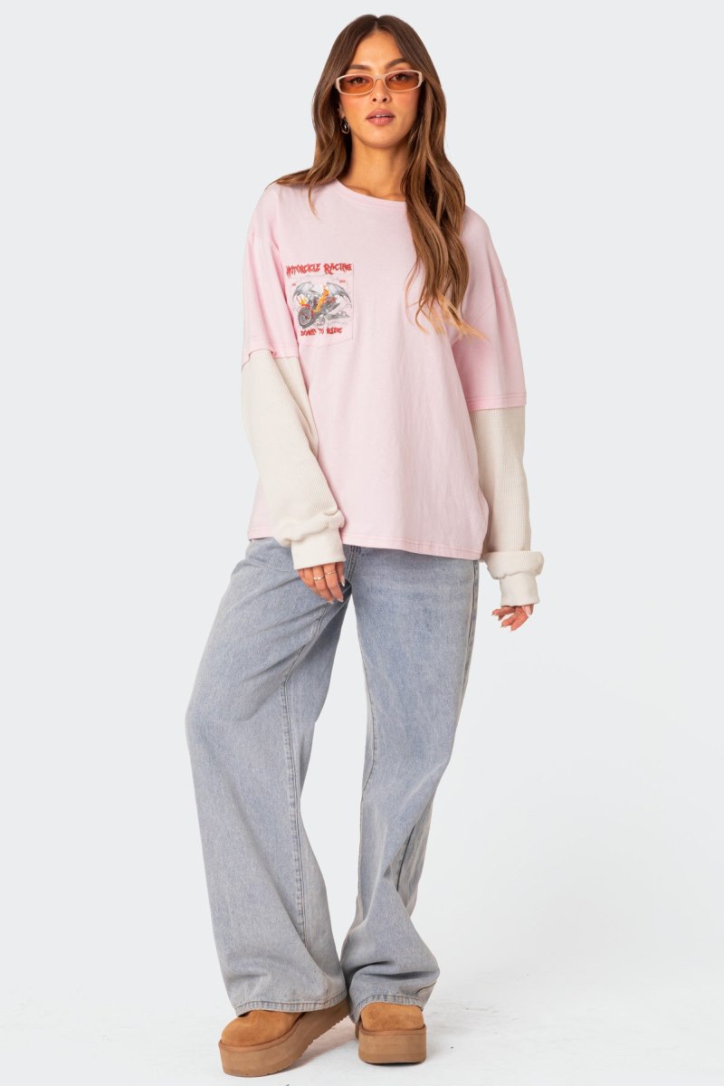 Edikted Racing Oversized Layered T Shirt Graphic Tops Light Pink | USA RJ808490G3