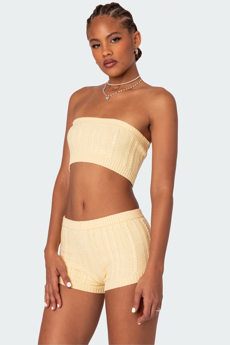 Edikted Raegan Cable Knit Bandeau Strapless Tops Yellow | USA KT010731A9