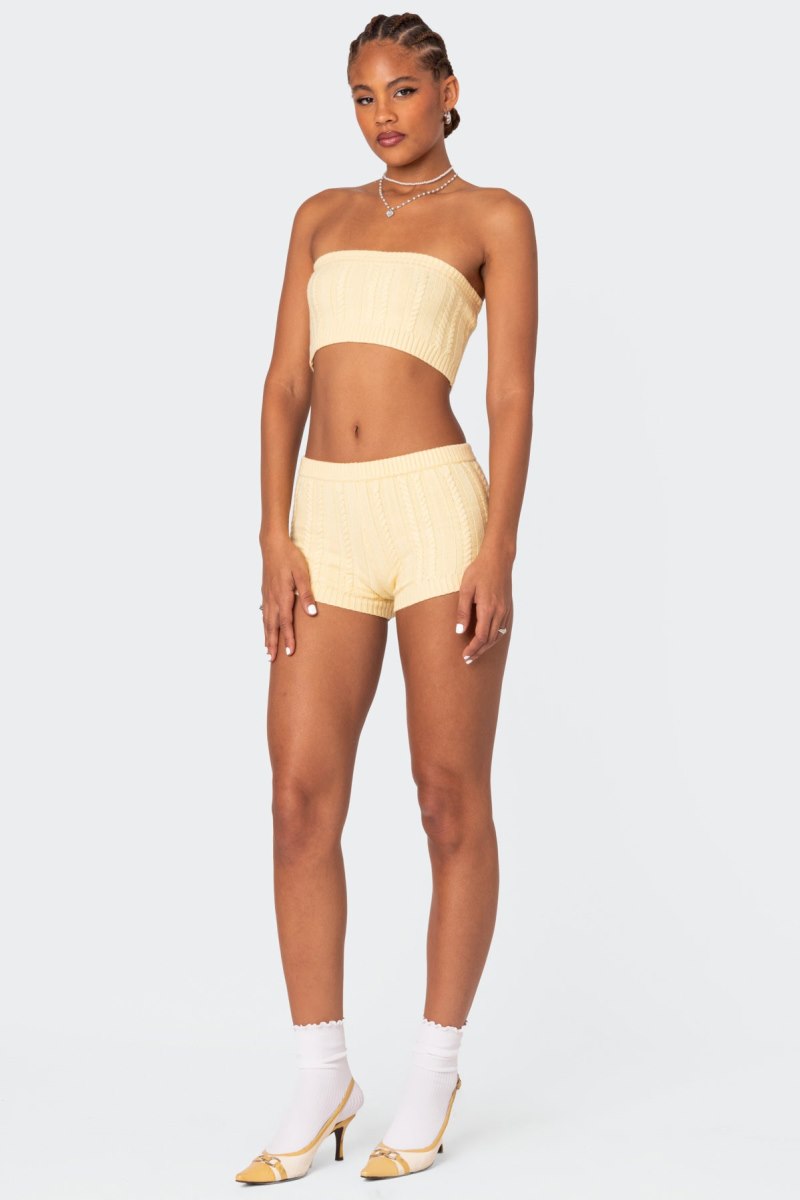 Edikted Raegan Cable Knit Bandeau Strapless Tops Yellow | USA KT010731A9