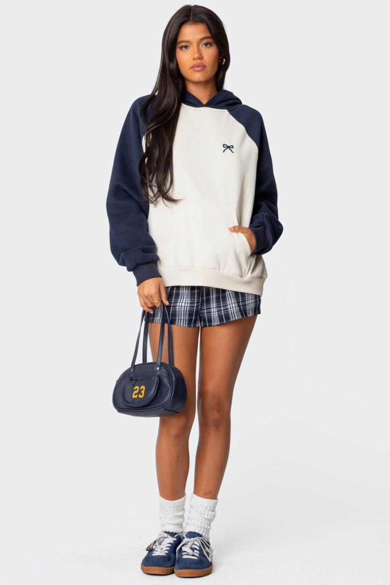 Edikted Raglan Bow Oversized Hoodie Long Sleeve Tops Navy And Cream | USA UO044404V8