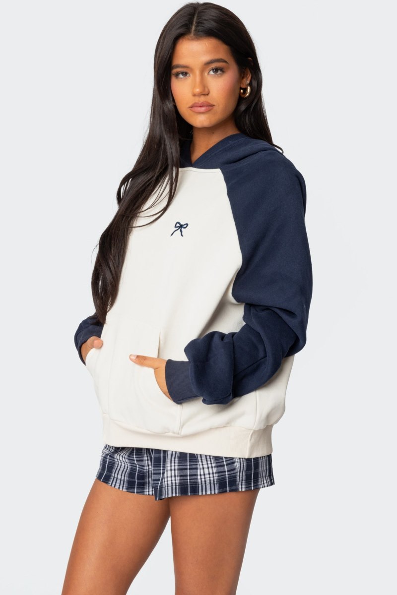 Edikted Raglan Bow Oversized Hoodie Navy And Cream | USA CR421842Q0