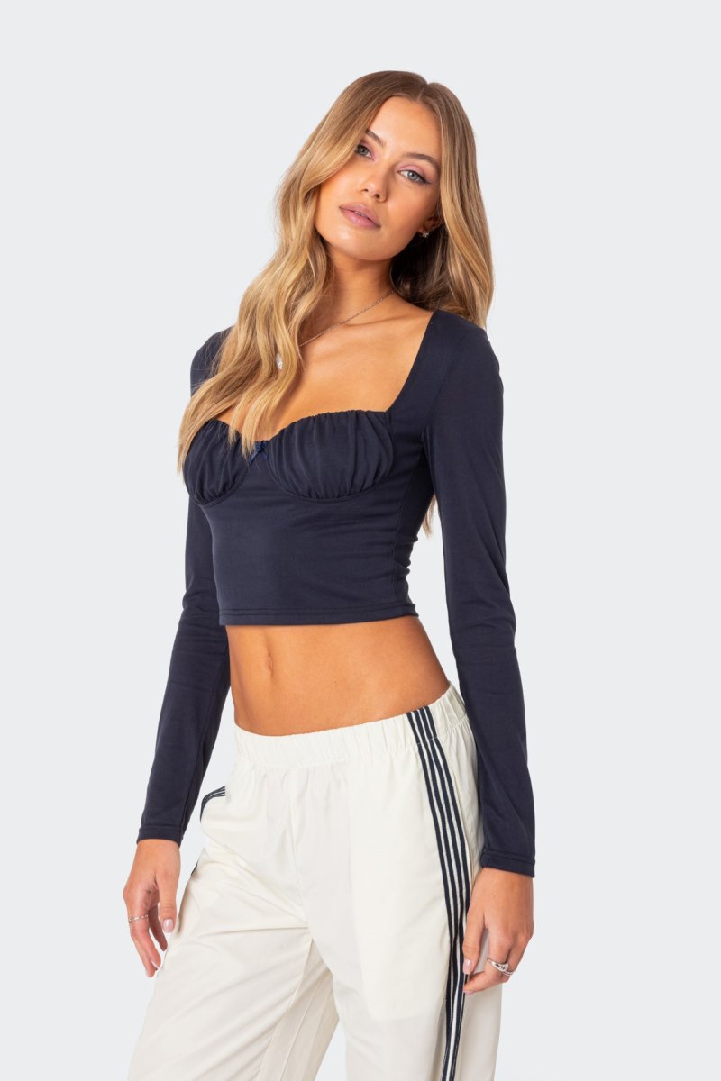 Edikted Rain Cupped Long Sleeve Tops Navy | USA UN278897V0
