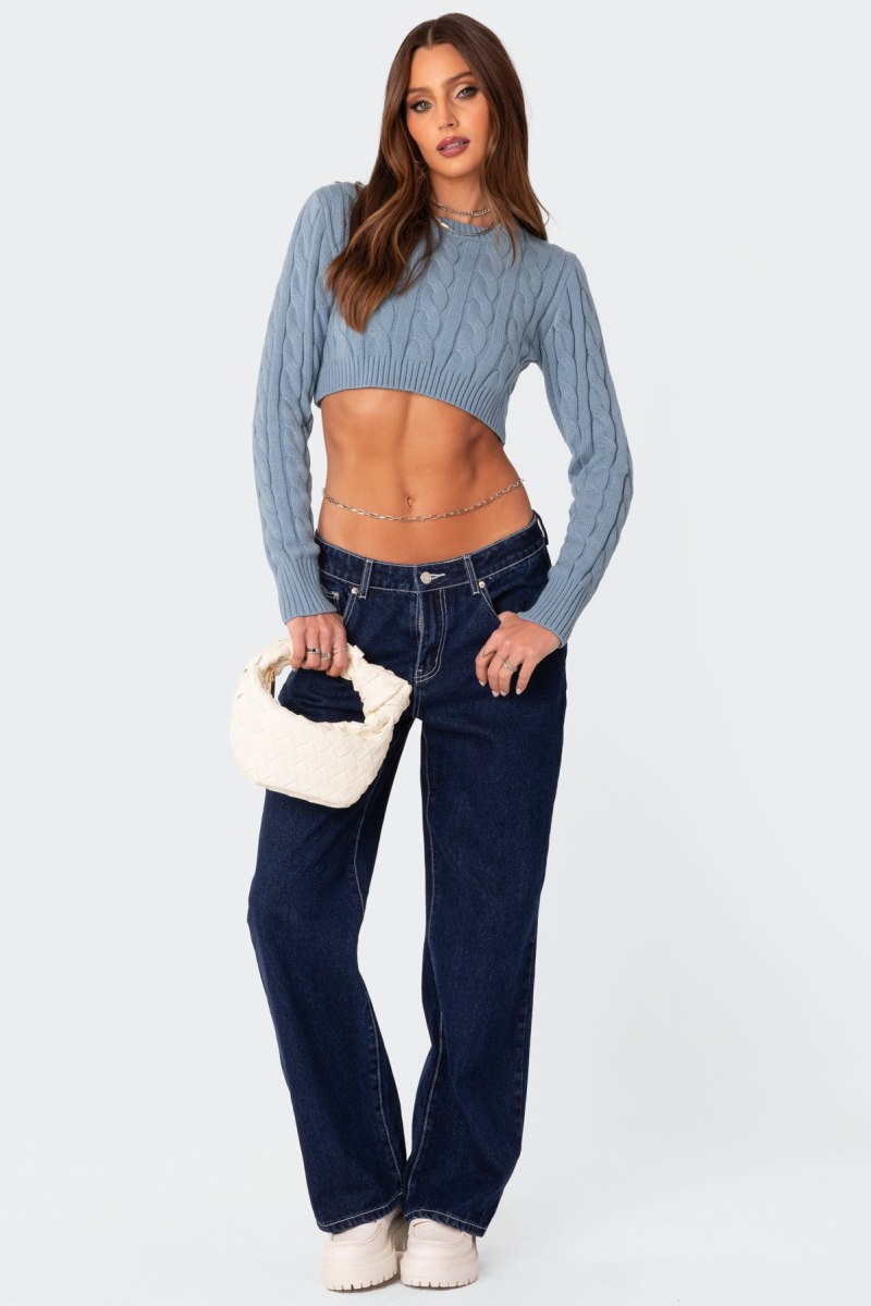 Edikted Raina Open Back Cable Knit Sweater Blue | USA IS513591C2