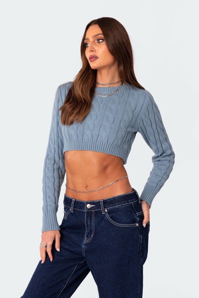 Edikted Raina Open Back Cable Knit Sweater Blue | USA IS513591C2