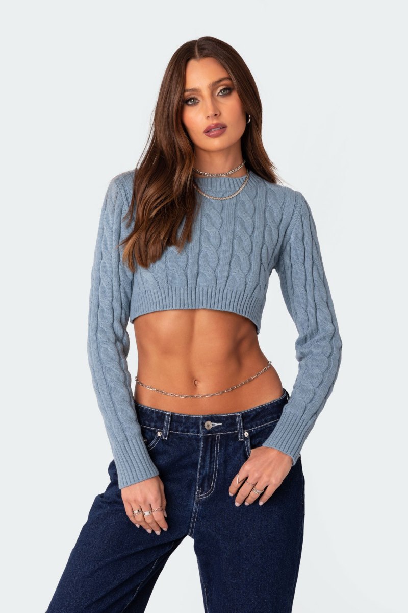 Edikted Raina Open Back Cable Knit Sweater Crop Tops Blue | USA WR743694N6