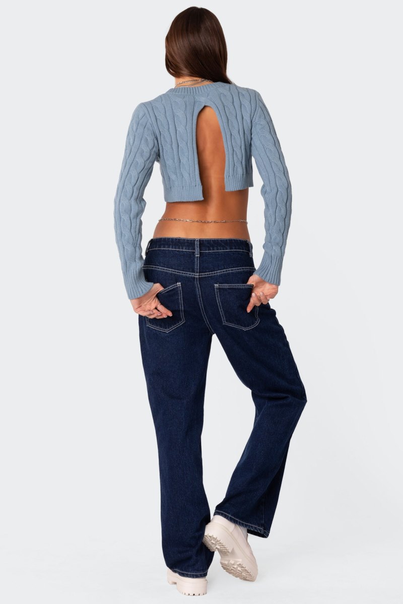 Edikted Raina Open Back Cable Knit Sweater Crop Tops Blue | USA WR743694N6