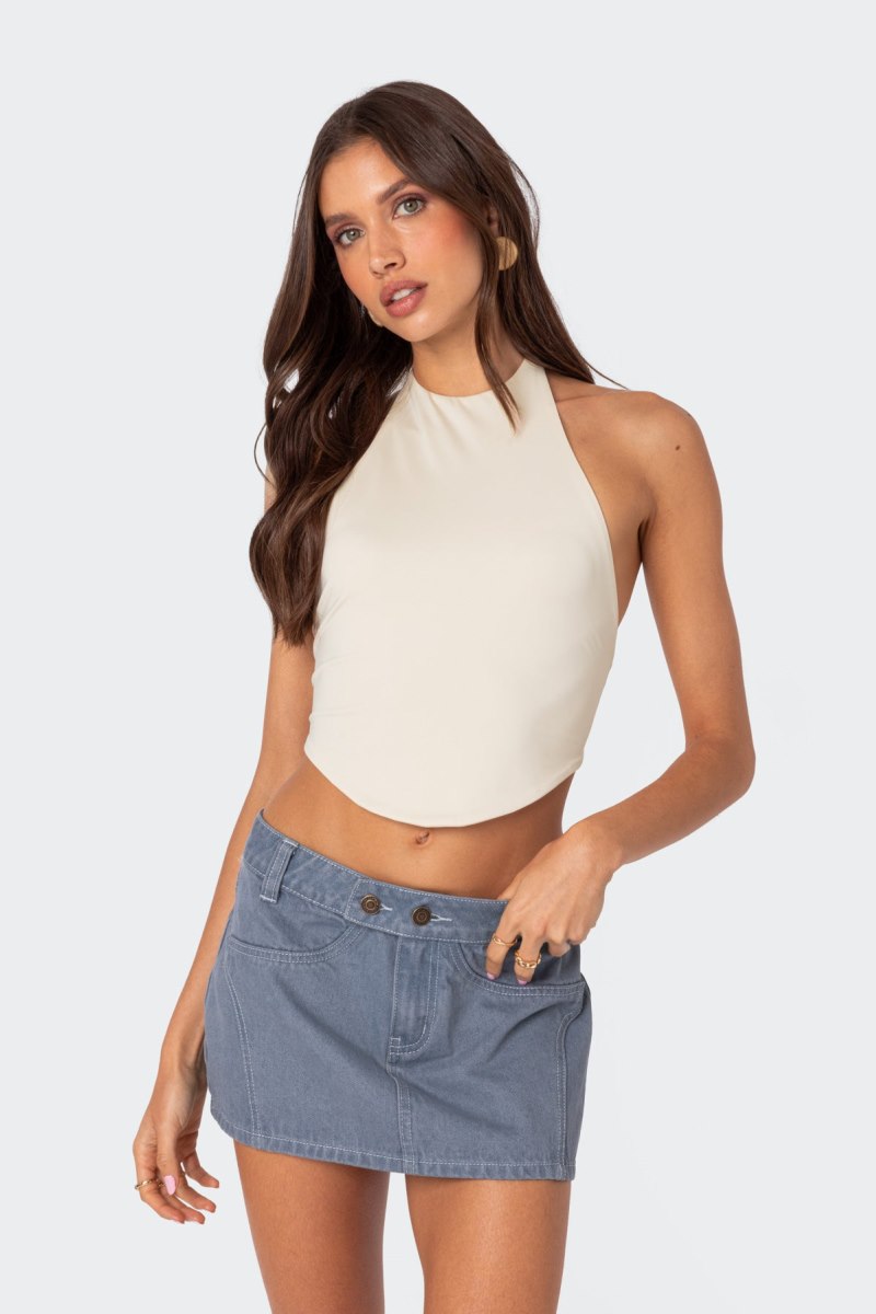 Edikted Raine Curved Halter Crop Tops Cream | USA ZO963956A1