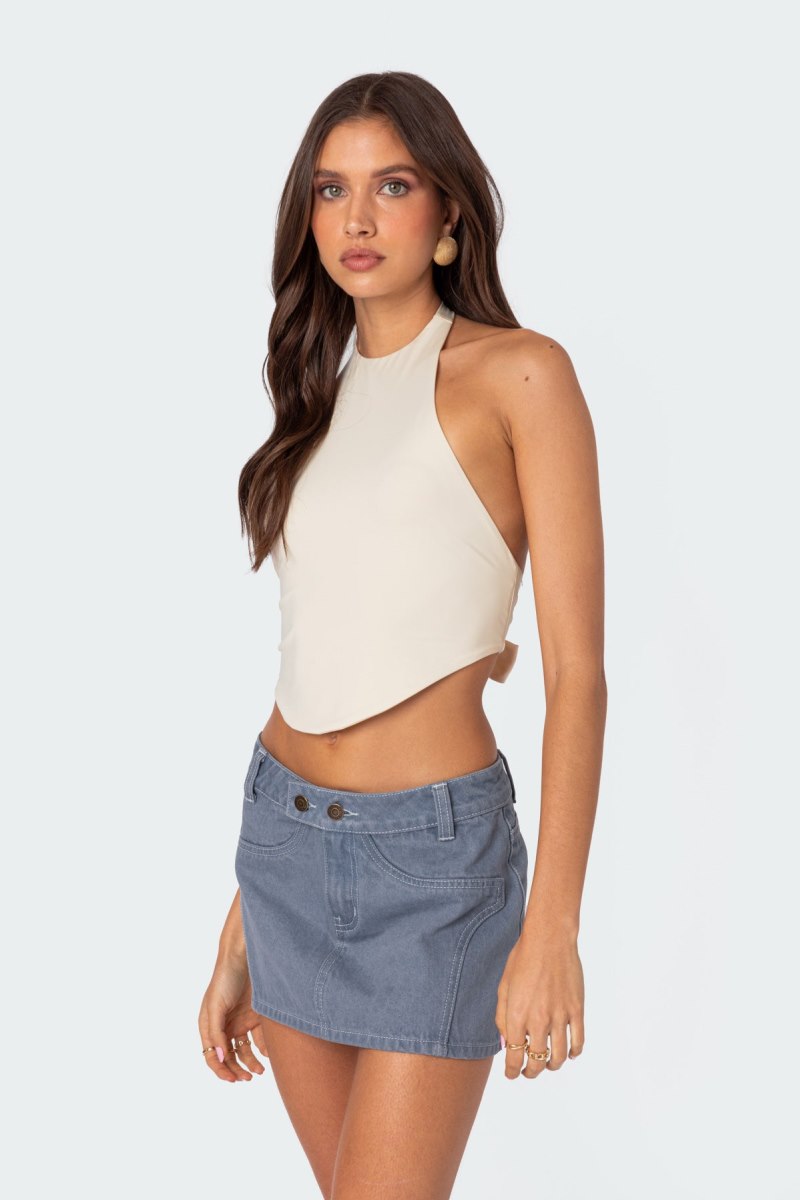 Edikted Raine Curved Halter Crop Tops Cream | USA ZO963956A1